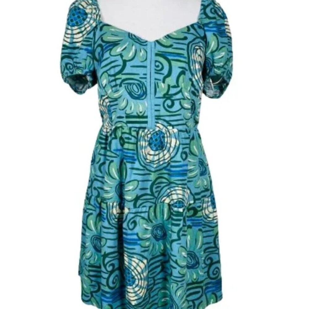 House of Harlow 1960 Linen Blend Puff-Sleeve Blue floral Mini Dress Size M
